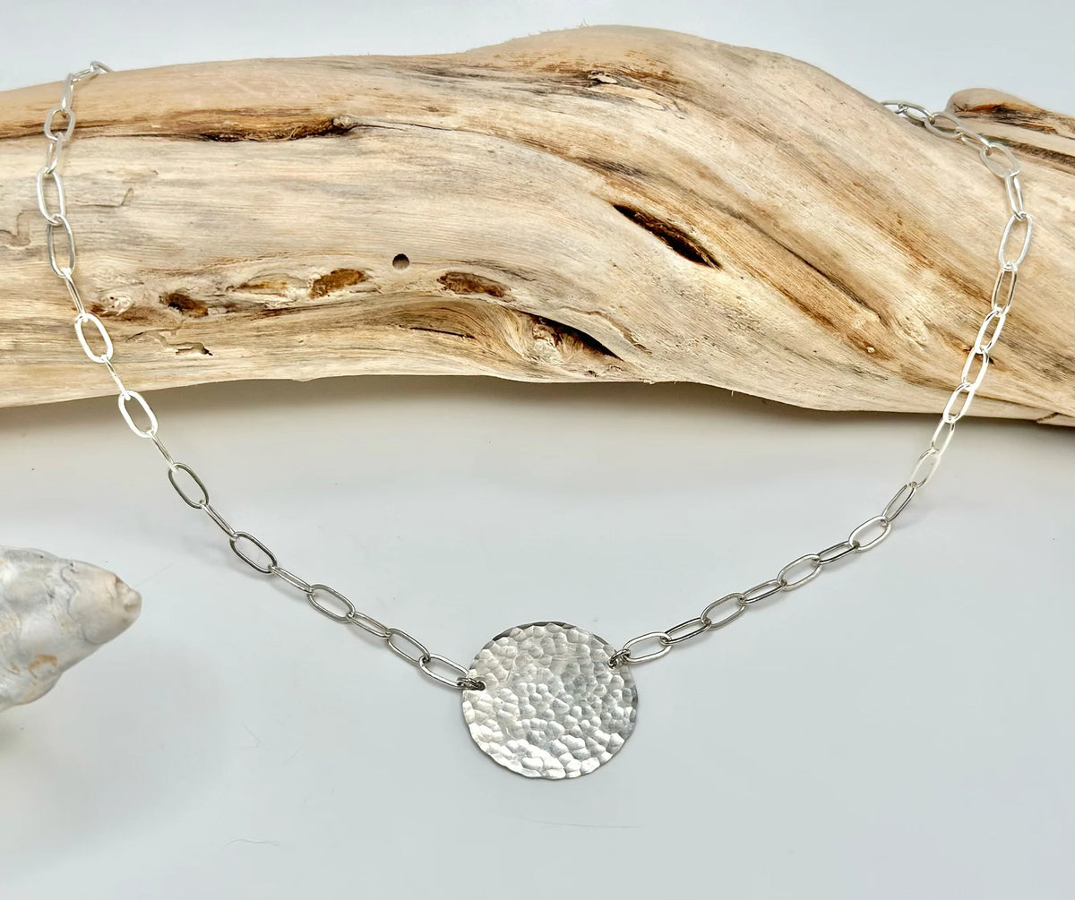 Large Hammered Disk on Paperclip Chain, Sterling Silver or 14k Gold Fill My Store