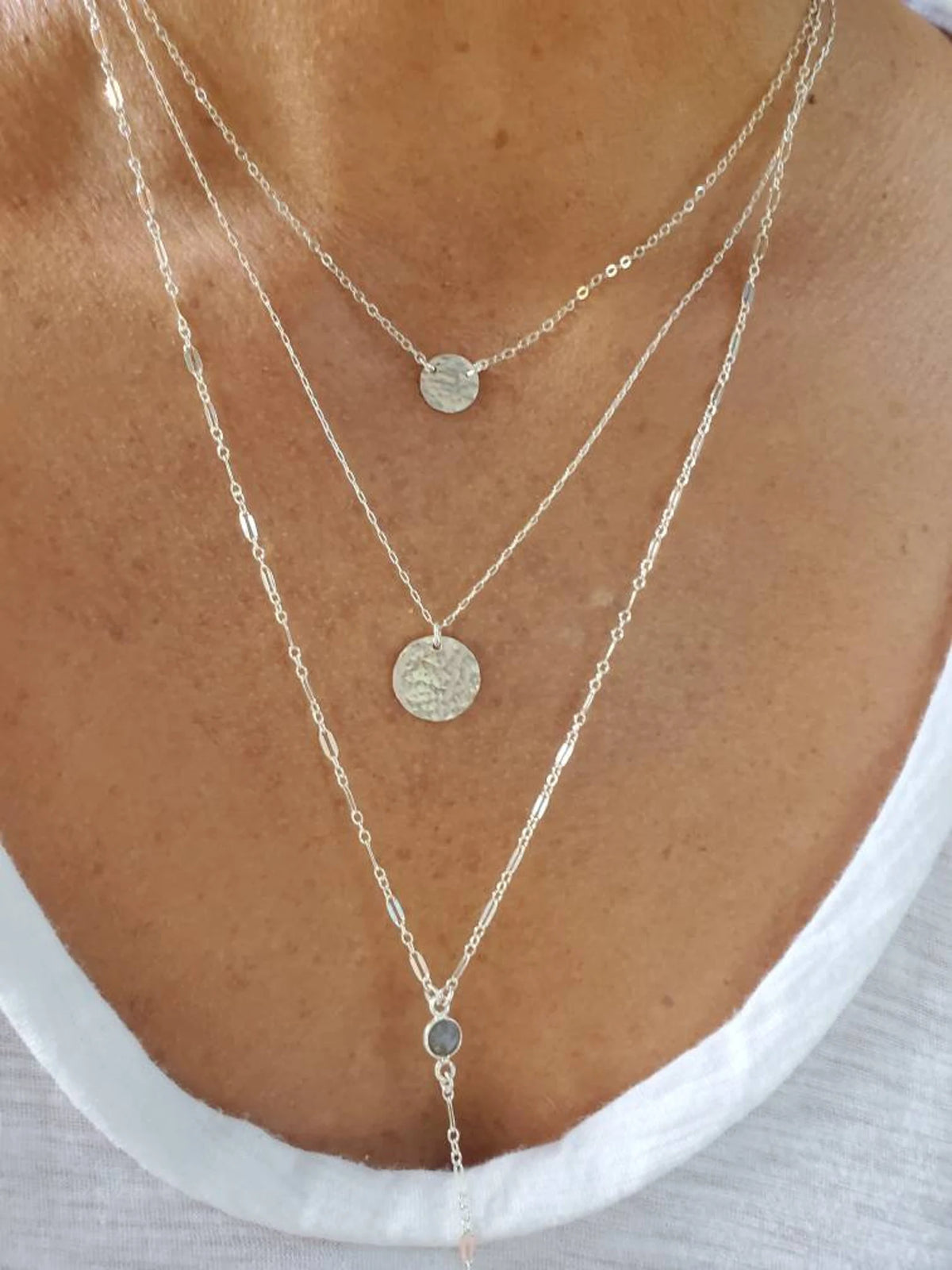 Layered Hammered Disks, Labradorite Bezel, 3 Necklace Set, 14k Gold Filled, Sterling Silver My Store