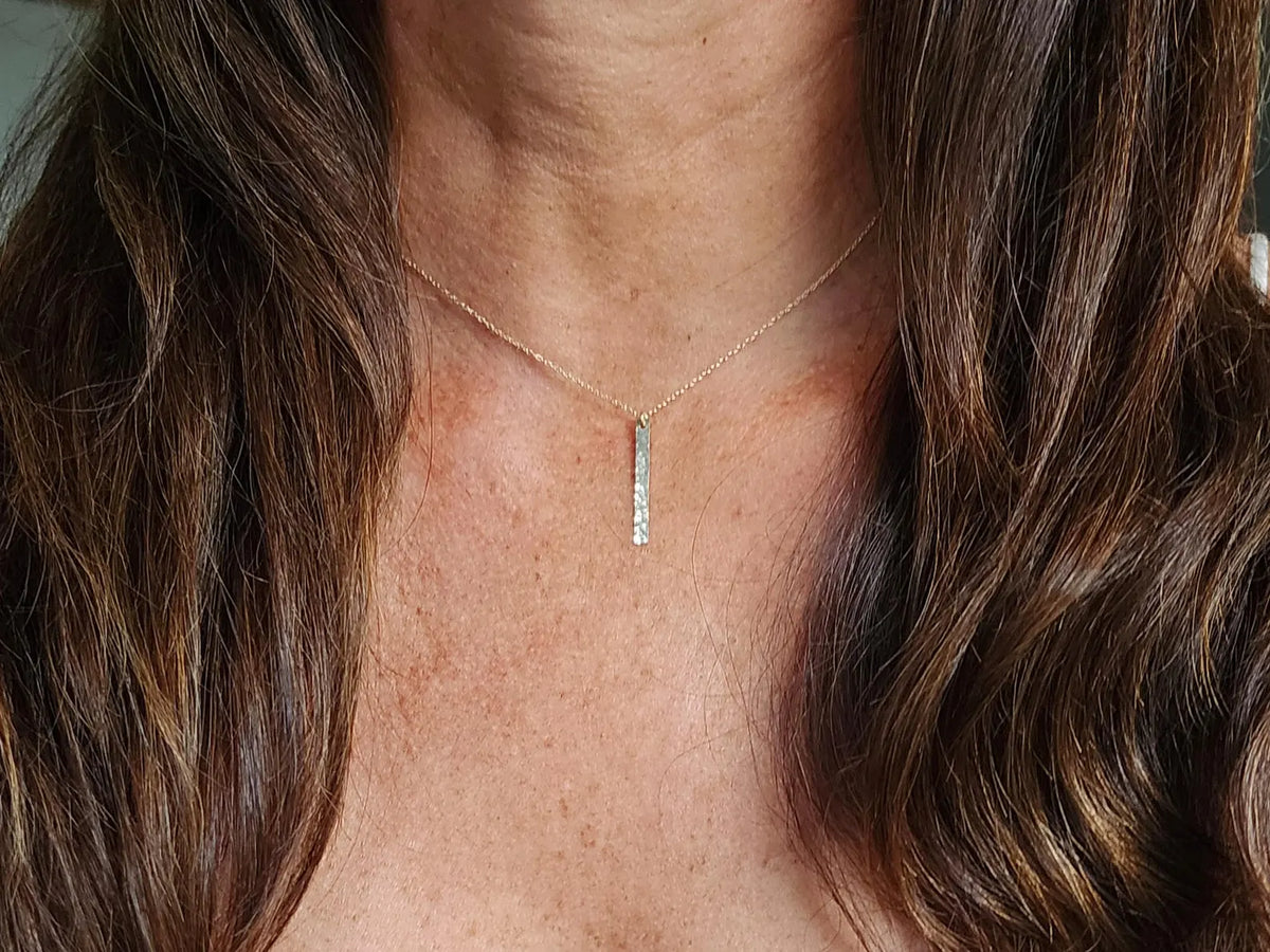 Small Sterling Silver Vertical Hammered Bar Necklace, 1 inch My Store