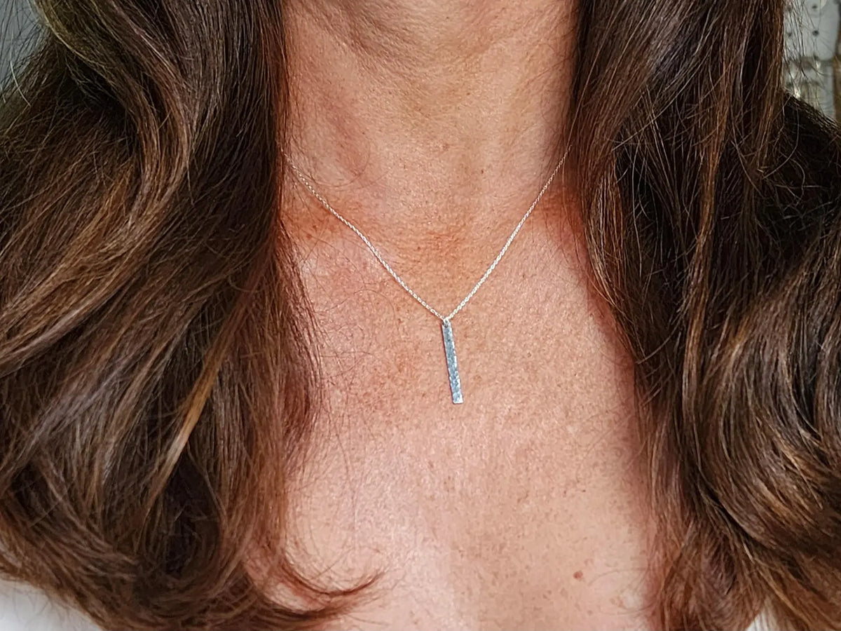 Small Sterling Silver Vertical Hammered Bar Necklace, 1 inch My Store