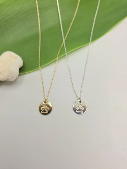 Tiny Paw Print Disk Necklace, Sterling Silver, 14k Gold Fill My Store