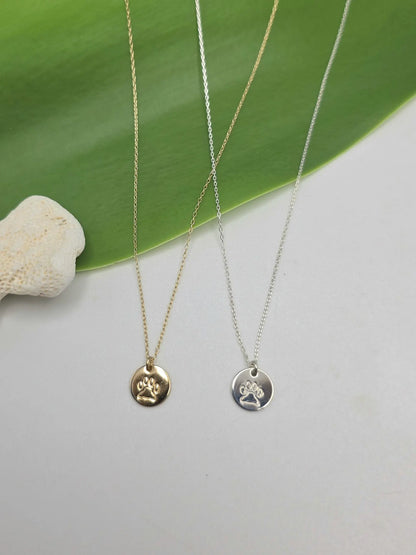 Tiny Paw Print Disk Necklace, Sterling Silver, 14k Gold Fill My Store