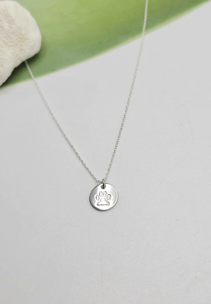 Tiny Paw Print Disk Necklace, Sterling Silver, 14k Gold Fill My Store