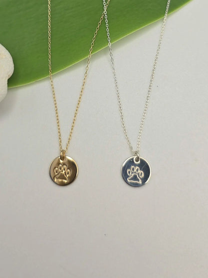 Tiny Paw Print Disk Necklace, Sterling Silver, 14k Gold Fill My Store