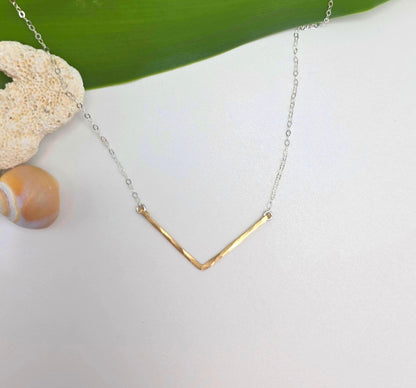 Small Mixed Metal Hammered Chevron Bar Necklace, 2 inch My Store
