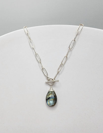 Labradorite Teardrop Gemstone with Sterling Silver Paperclip Chain Necklace My Store