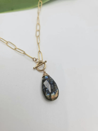 Labradorite Teardrop Gemstone with Sterling Silver Paperclip Chain Necklace My Store
