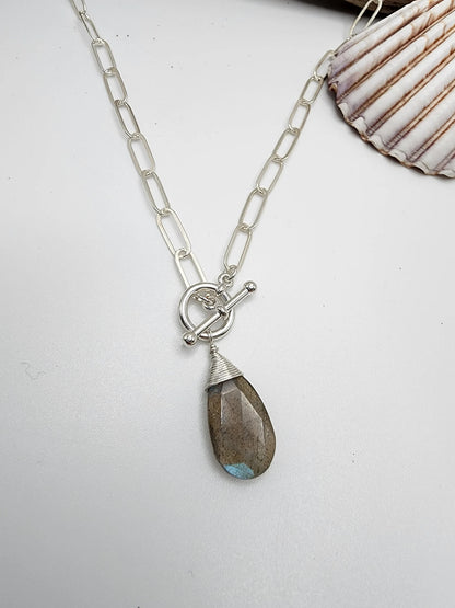 Labradorite Teardrop Gemstone with Sterling Silver Paperclip Chain Necklace My Store