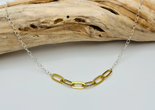 Large Gold Link Mixed Metal Necklace