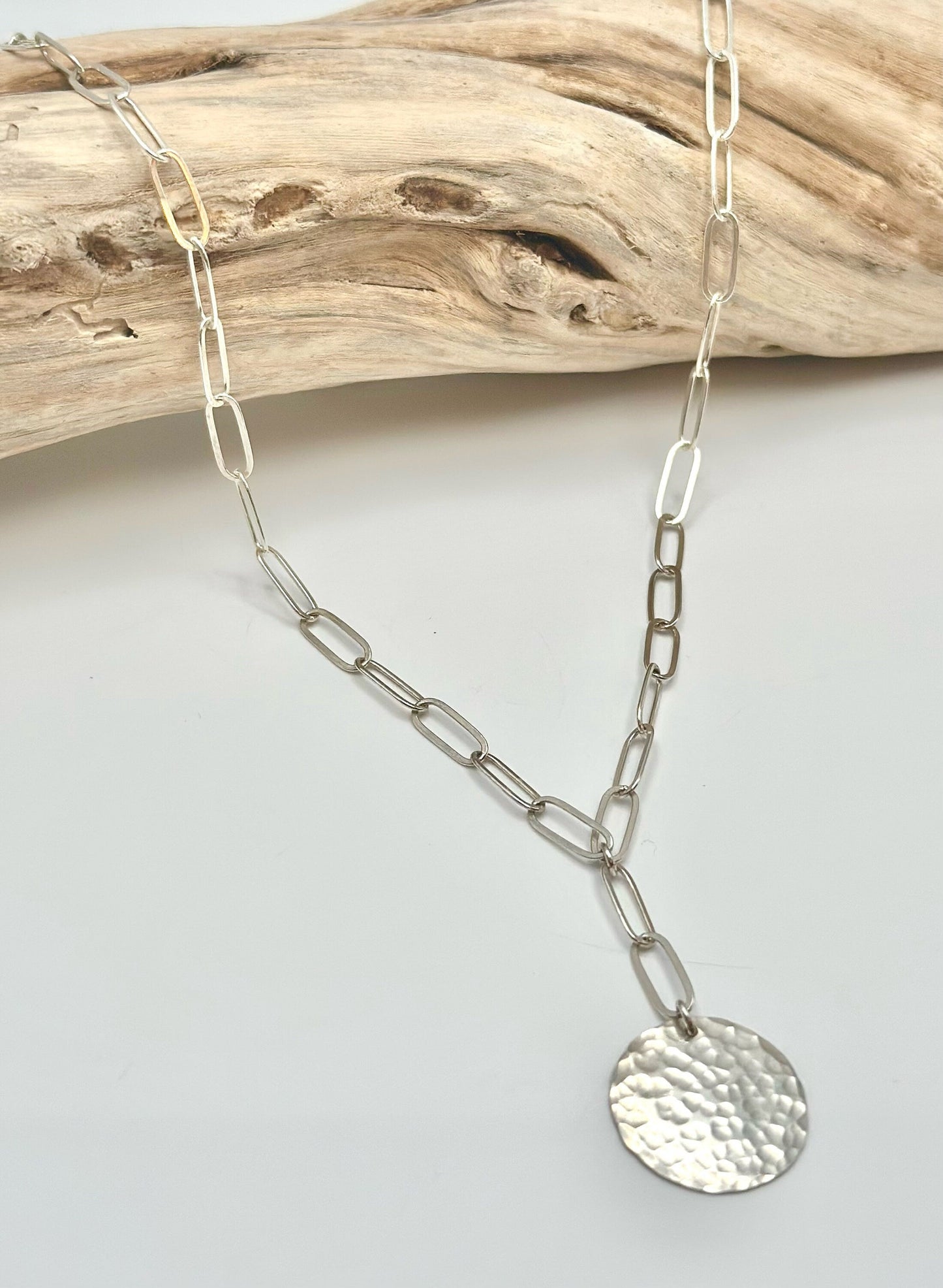 Sterling Silver Hammered Disk on Paperclip Chain