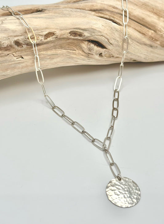 Sterling Silver Hammered Disk on Paperclip Chain