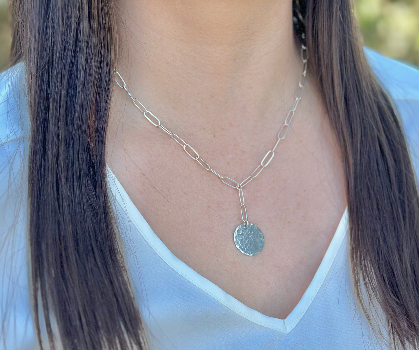 Sterling Silver Hammered Disk on Paperclip Chain