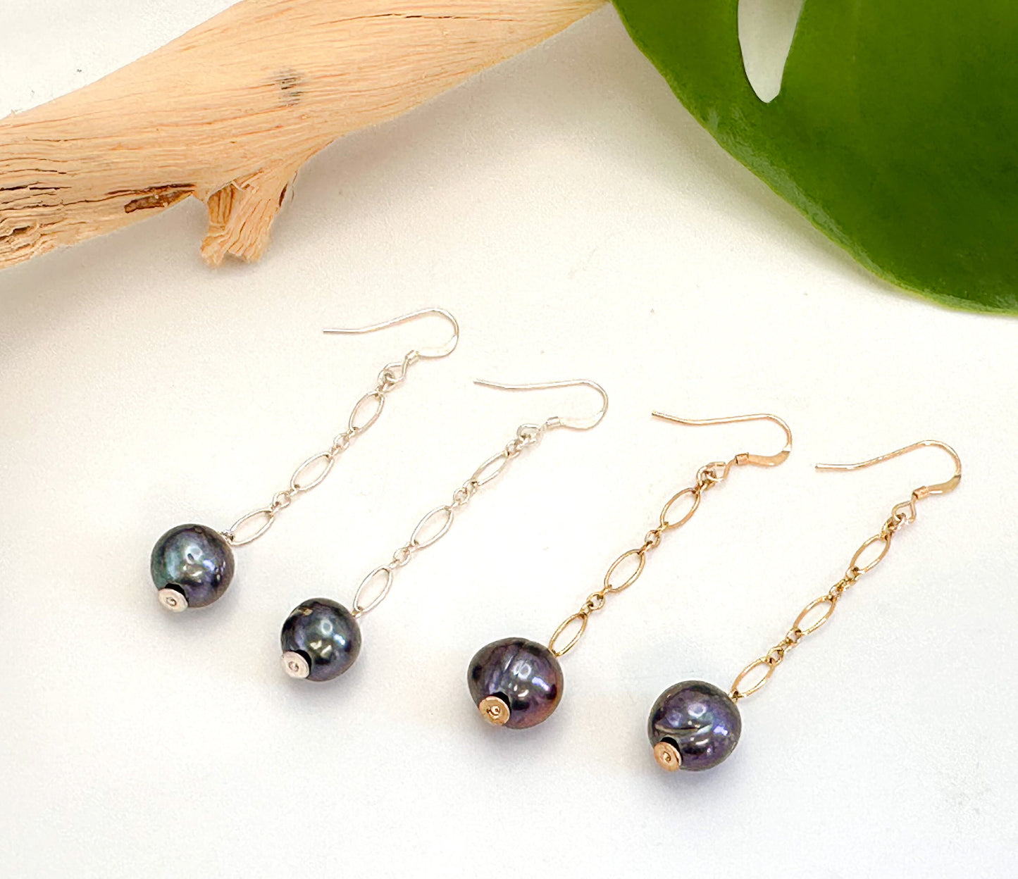 Peacock Pearl and Figaro Chain Earrings