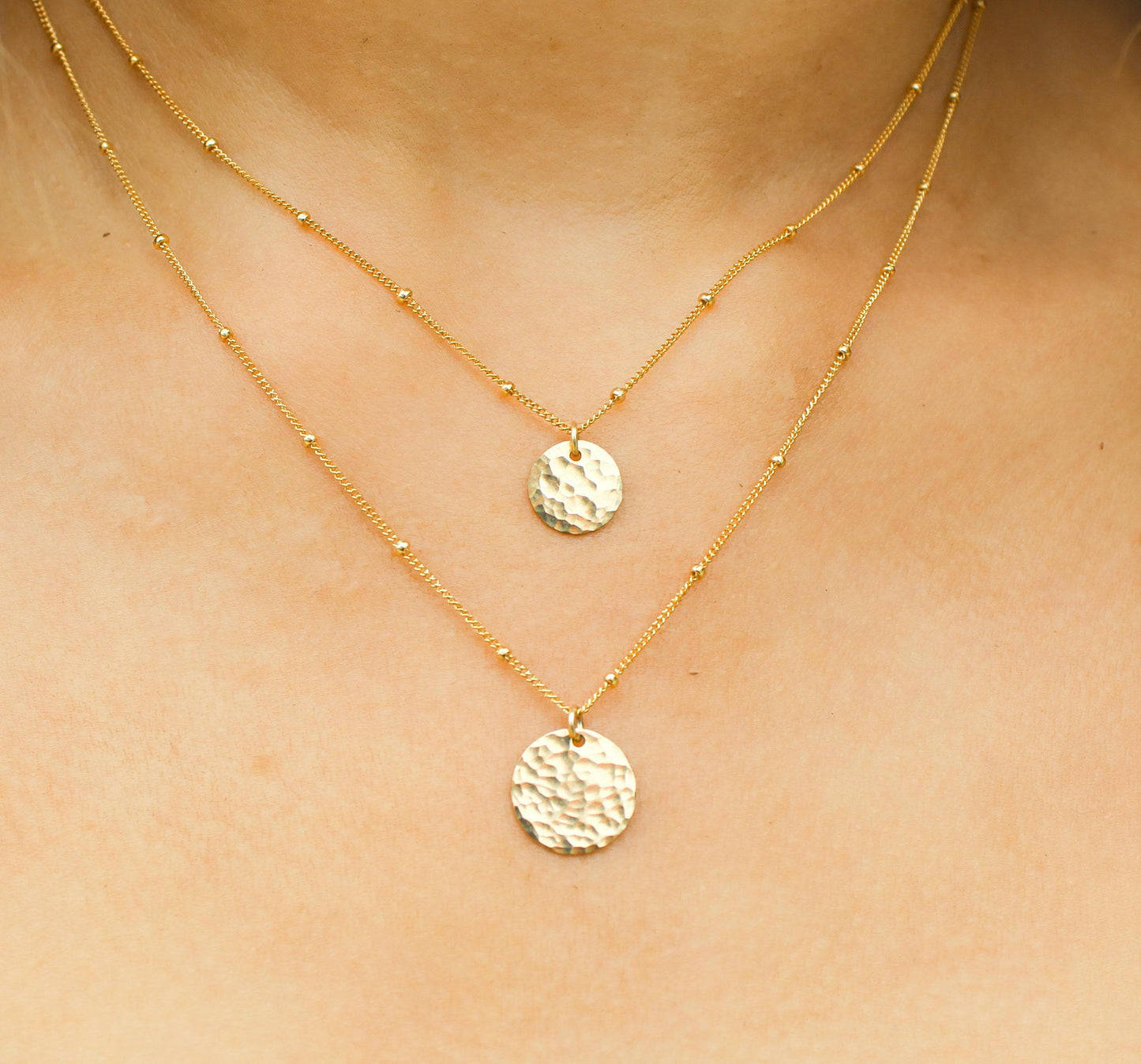 Small Hammered Circle Necklace set, 14k Gold Fill or Sterling Silver