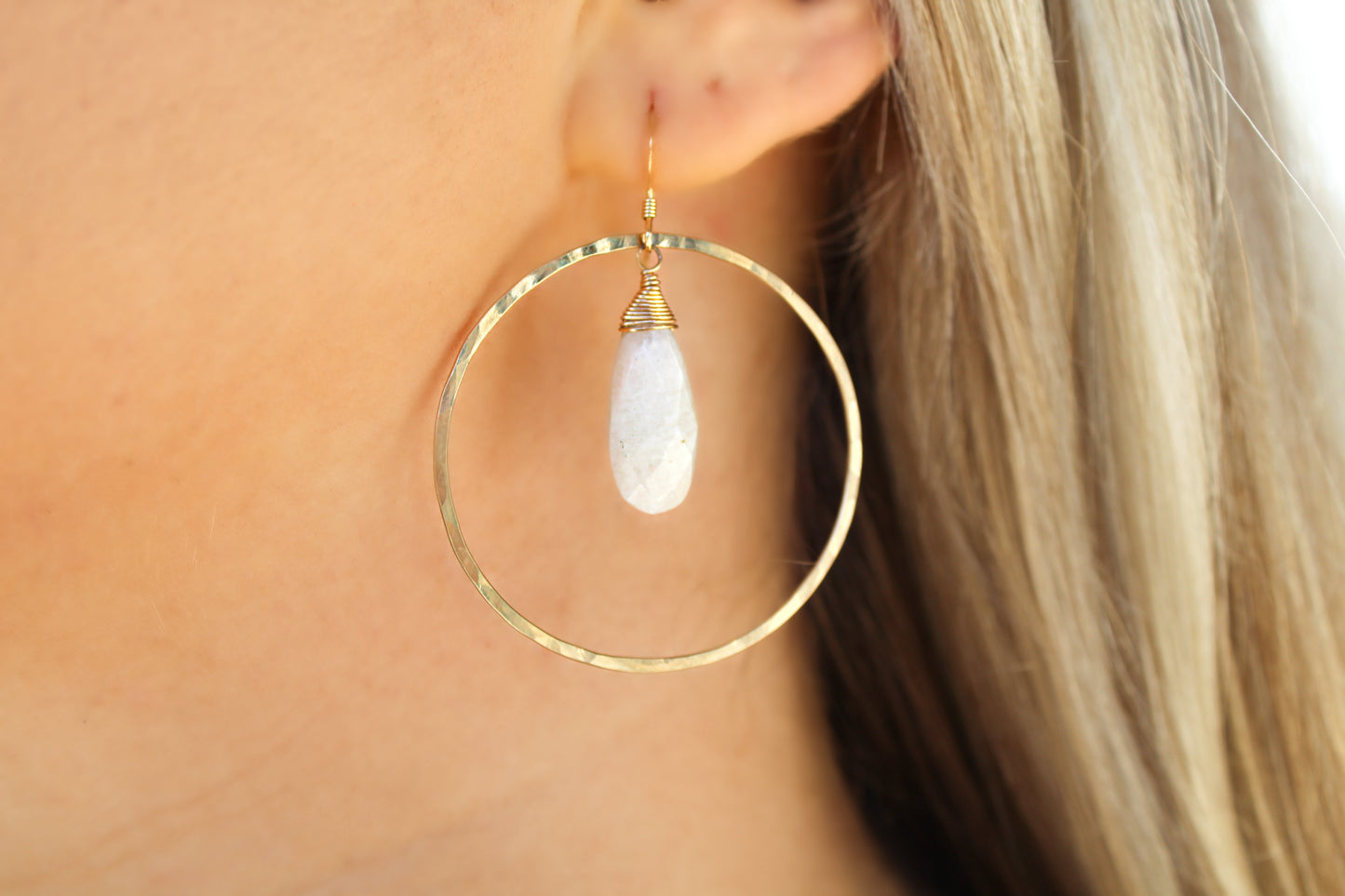 Moonstone Hoop Earrings, Silver, Gold