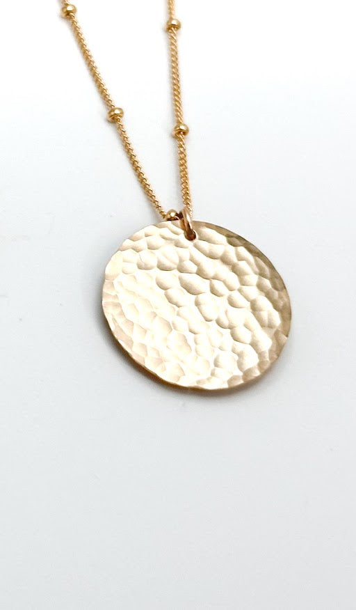 Medium Hammered Gold Circle Necklace on Satellite Chain