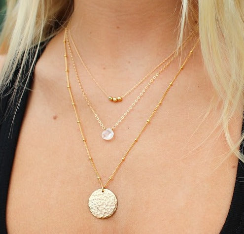 Medium Hammered Gold Circle Necklace on Satellite Chain