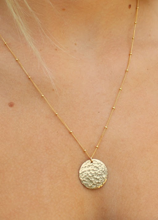 Medium Hammered Gold Circle Necklace on Satellite Chain