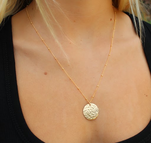 Medium Hammered Gold Circle Necklace on Satellite Chain