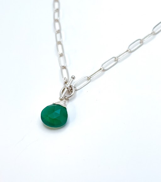 Green Onyx Gemstone Necklace, Paperclip Chain, Gold Fill, Sterling Silver