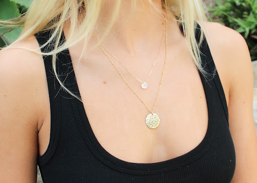 Medium Hammered Gold Circle Necklace on Satellite Chain