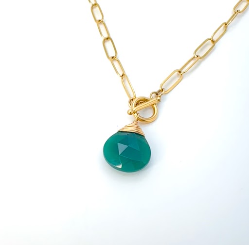 Green Onyx Gemstone Necklace, Paperclip Chain, Gold Fill, Sterling Silver