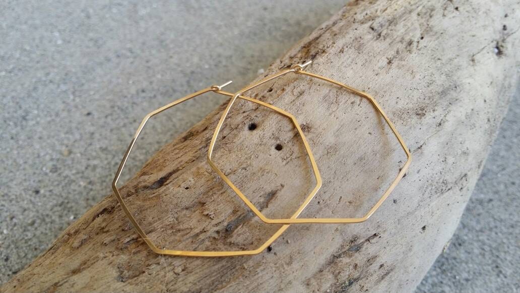 Hexagon Hoop Earrings, 14k Gold Filled, Sterling Silver