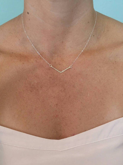 Small Hammered Bar, Chevron, Gold Bar, Sterling Silver Chain, Mixed Metal, 2 inch, Gold Filled, V Necklace My Store