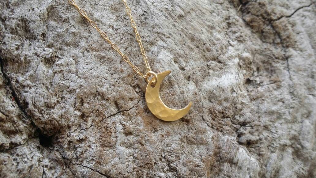 Small Hammered Moon Necklace, 14k Gold Fill, Sterling Silver