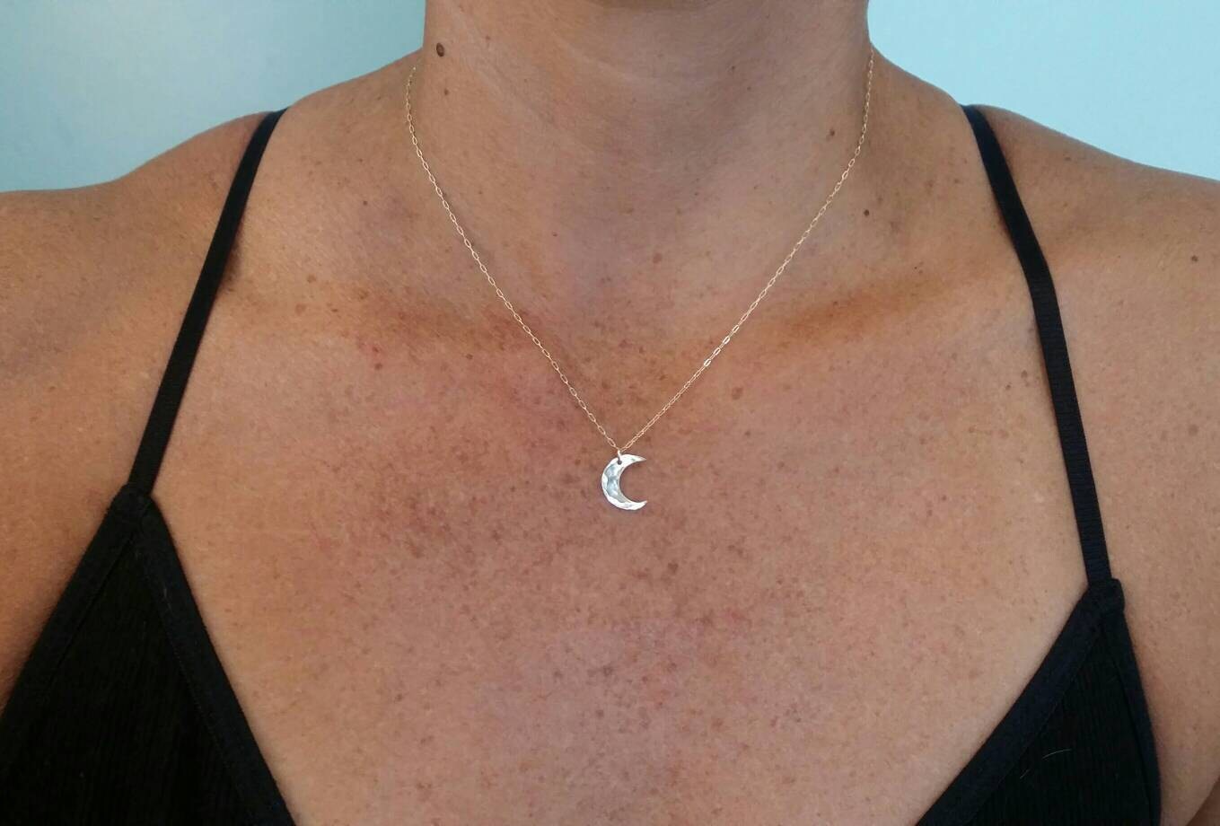 Small Hammered Moon Necklace, 14k Gold Fill, Sterling Silver