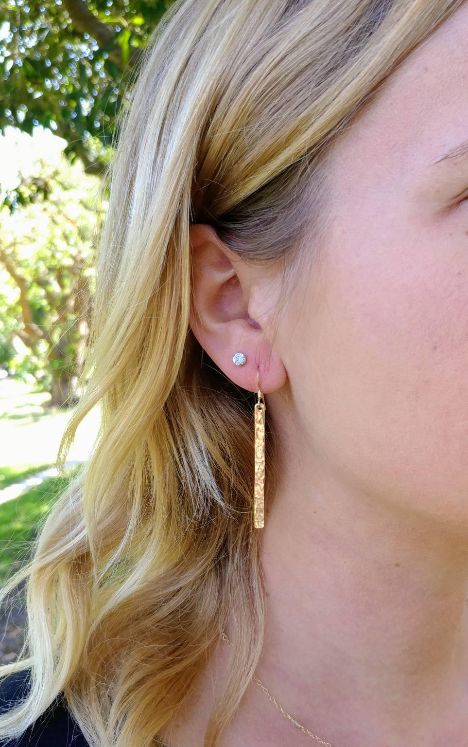 Long Hammered Bar Earrings, Gold Bar Earrings, Simple Earrings, Dangle Earrings, Gold Fill, Bar Earrings, Long Earrings 1.5" My Store