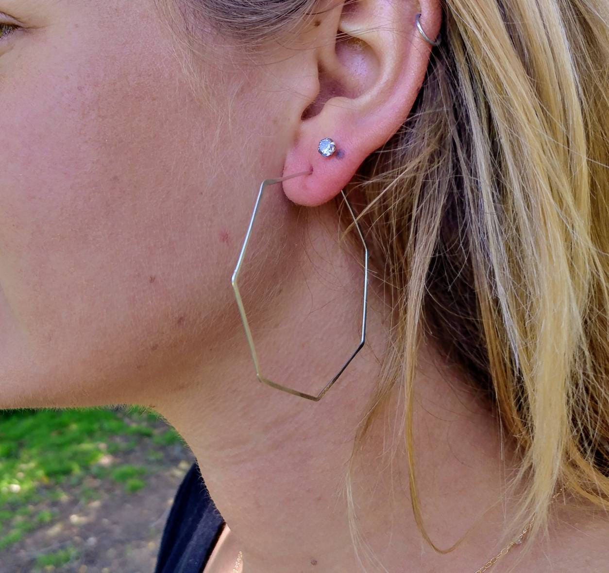 Hexagon Hoop Earrings, 14k Gold Filled, Sterling Silver