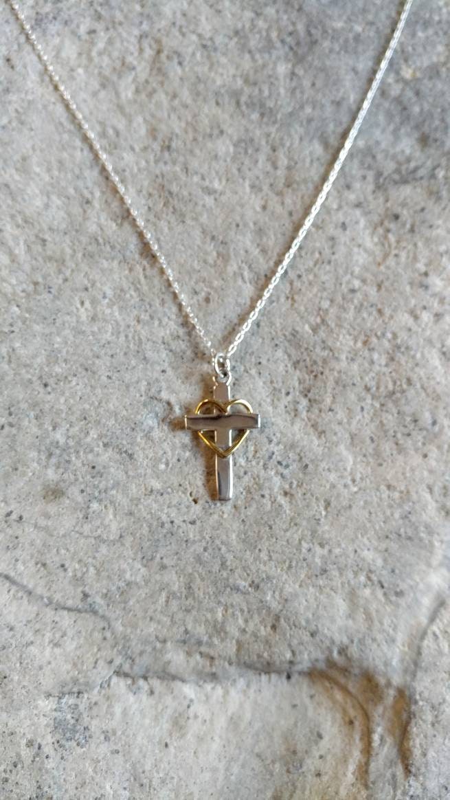 Tiny Sterling Cross Necklace, Gold Heart, Sterling Silver, Cross Necklace, Silver Cross, Pendant, Cross with Heart, Heart, Tiny Silver Cross My Store