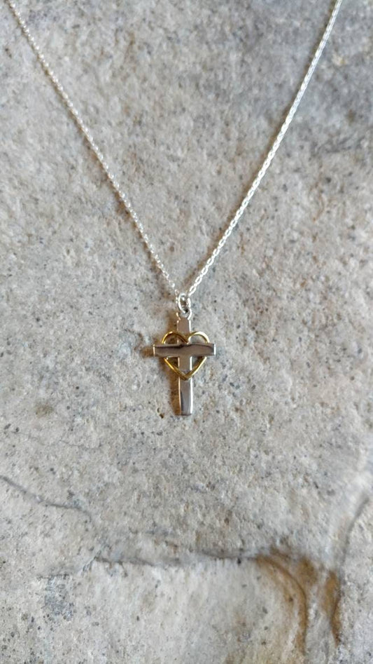 Tiny Sterling Cross Necklace, Gold Heart, Sterling Silver, Cross Necklace, Silver Cross, Pendant, Cross with Heart, Heart, Tiny Silver Cross My Store