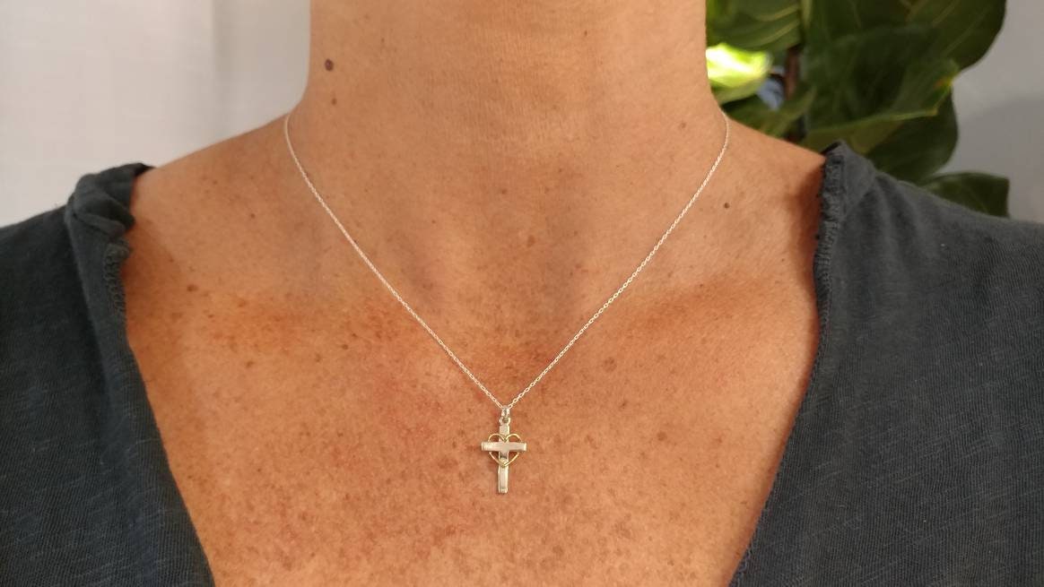 Tiny Sterling Cross Necklace, Gold Heart, Sterling Silver, Cross Necklace, Silver Cross, Pendant, Cross with Heart, Heart, Tiny Silver Cross My Store