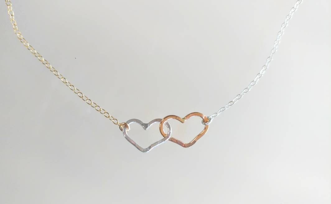 Double Heart Necklace, Sterling Silver, Small Heart Necklace, Silver Heart Necklace, Gold Heart Necklace, Mixed Metal, Gold and silver heart My Store
