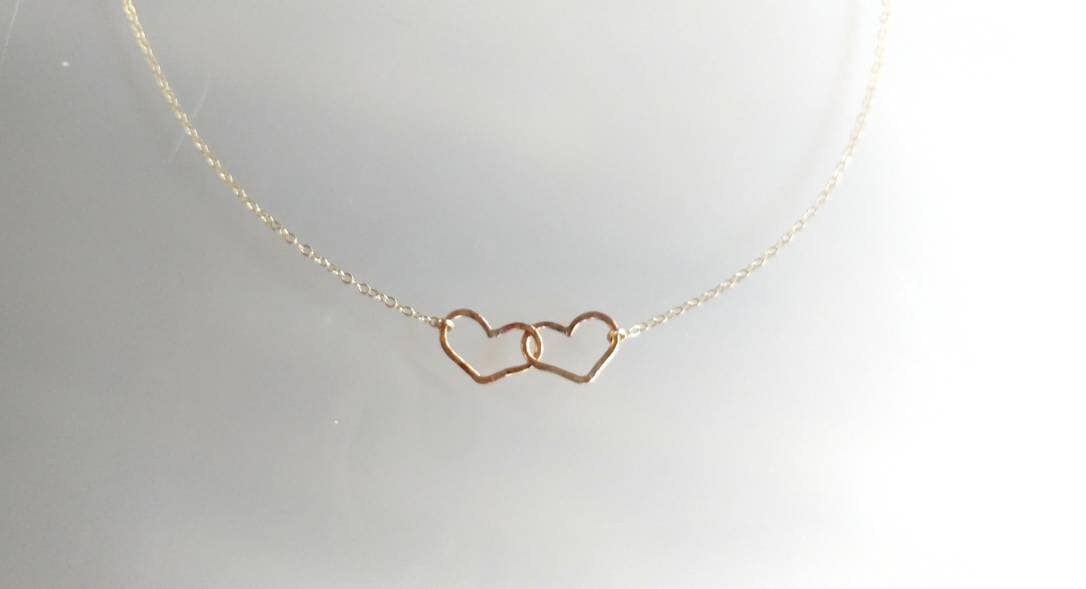 Double Heart Necklace, Sterling Silver, Small Heart Necklace, Silver Heart Necklace, Gold Heart Necklace, Mixed Metal, Gold and silver heart My Store