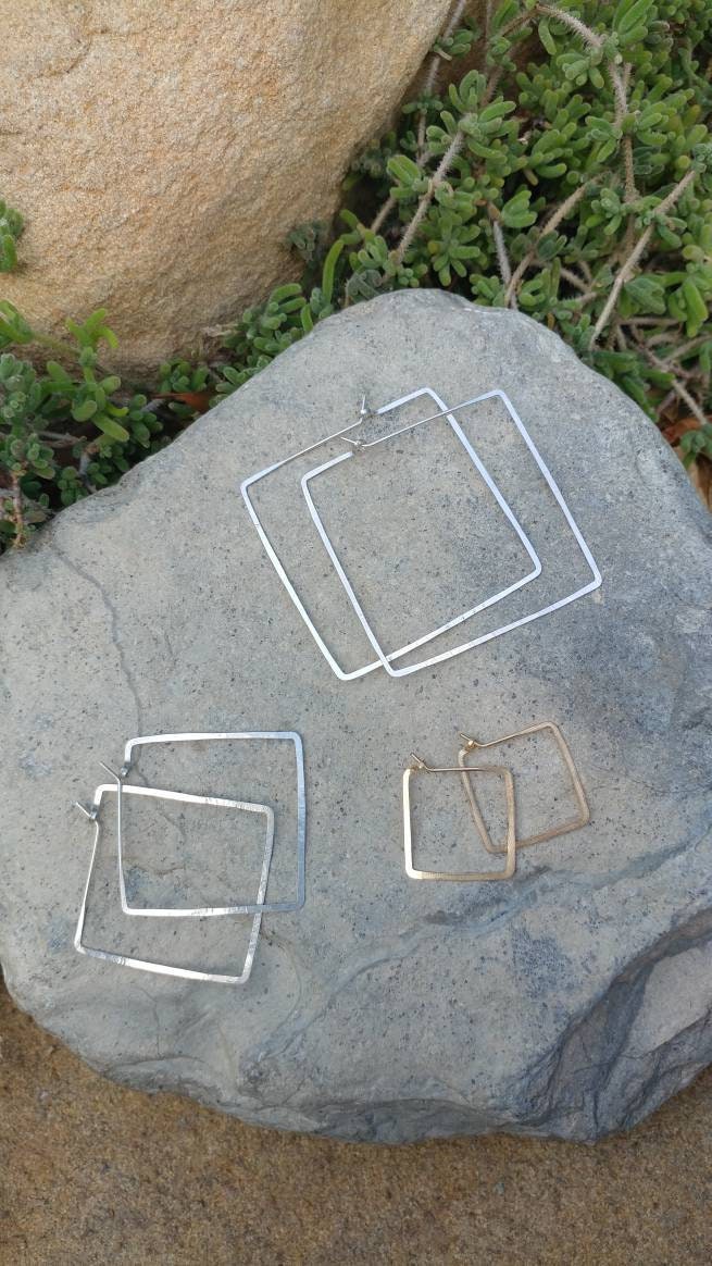 Square Hammered Hoop Earrings, Gold Fill, Sterling Silver