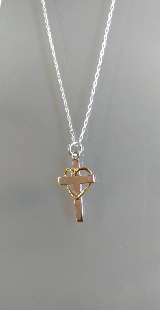 Tiny Sterling Cross Necklace, Gold Heart, Sterling Silver, Cross Necklace, Silver Cross, Pendant, Cross with Heart, Heart, Tiny Silver Cross My Store