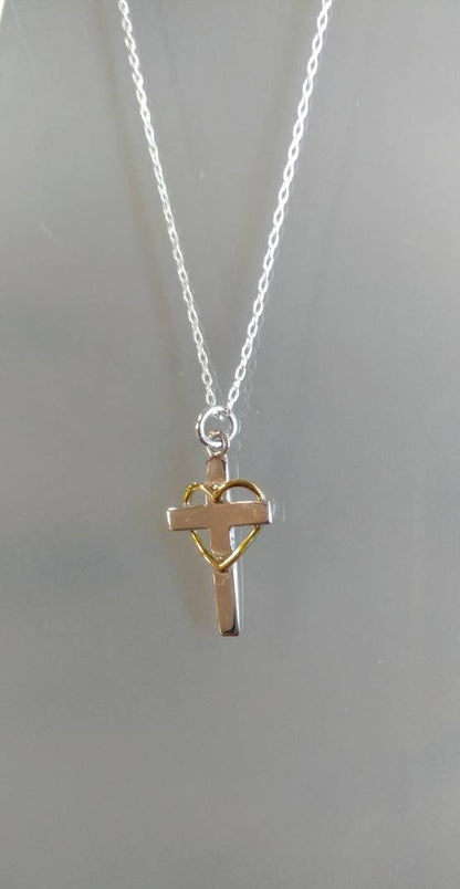 Tiny Sterling Cross Necklace, Gold Heart, Sterling Silver, Cross Necklace, Silver Cross, Pendant, Cross with Heart, Heart, Tiny Silver Cross My Store