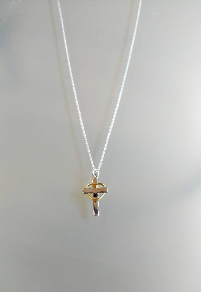 Tiny Sterling Cross Necklace, Gold Heart, Sterling Silver, Cross Necklace, Silver Cross, Pendant, Cross with Heart, Heart, Tiny Silver Cross My Store