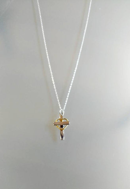 Tiny Sterling Cross Necklace, Gold Heart, Sterling Silver, Cross Necklace, Silver Cross, Pendant, Cross with Heart, Heart, Tiny Silver Cross My Store