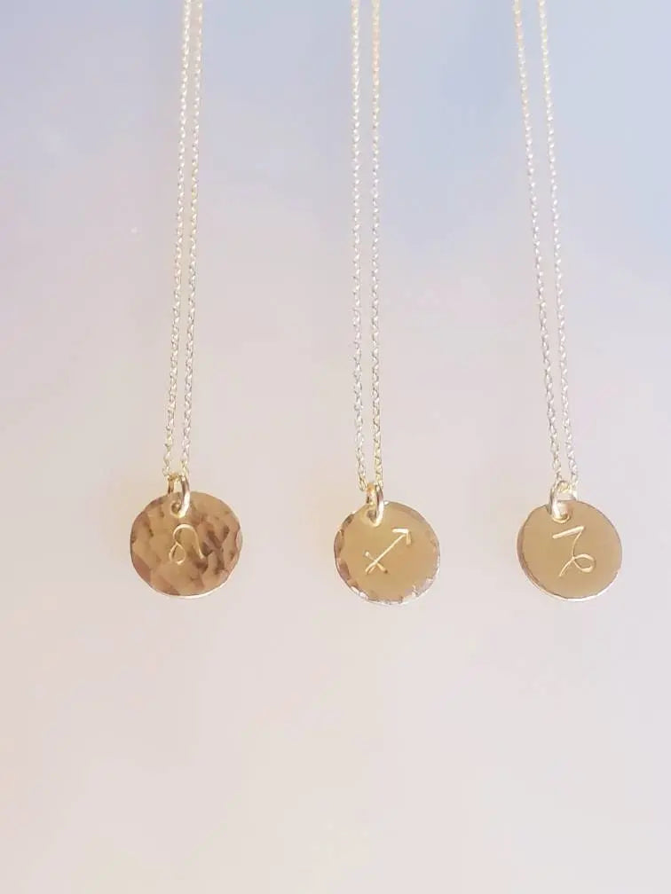 Tiny Hammered Zodiac Necklace, Gold Fill, Birthday Gift, Gold Necklace, Gold Zodiac Necklace, Star Sign, Birthday Necklace, Gift, Hammered My Store