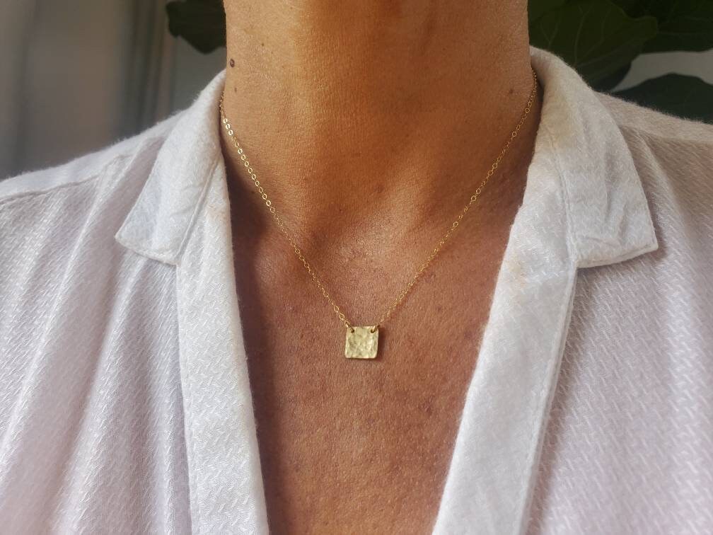 Tiny Gold Square Necklace, layering necklace, gold fill, tiny necklace, Hammered, Gold Necklace, Dainty, Delicate, Minimalist Necklace My Store