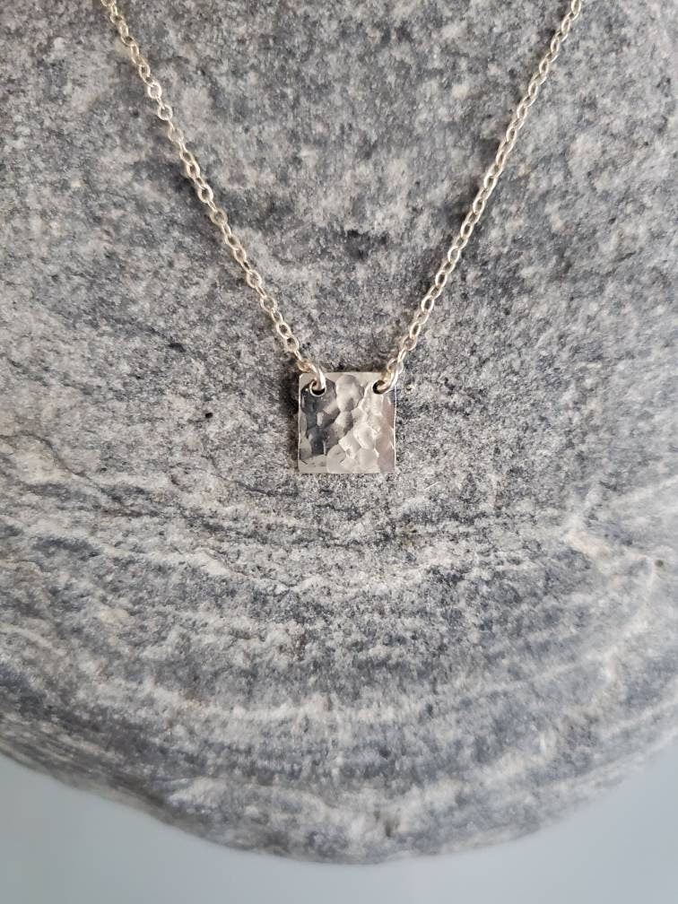 Tiny Silver Square Necklace, Hammered, Sterling Silver, tiny necklace, Square, necklace, Dainty, Tiny Silver Necklace, Minimalist Necklace My Store