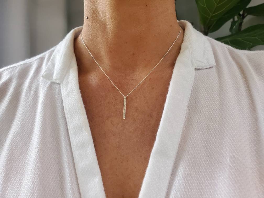 Tiny Sterling Silver Vertical Hammered Bar Necklace