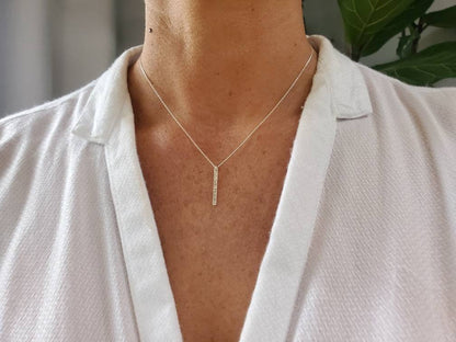 Tiny Sterling Silver Vertical Hammered Bar Necklace