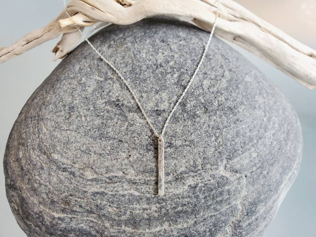 Tiny Sterling Silver Vertical Hammered Bar Necklace