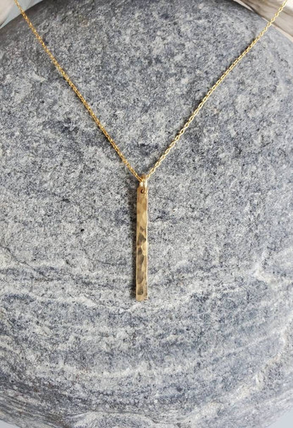Tiny 14k Gold Fill Vertical Hammered Bar Necklace
