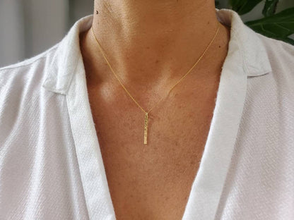 Tiny 14k Gold Fill Vertical Hammered Bar Necklace